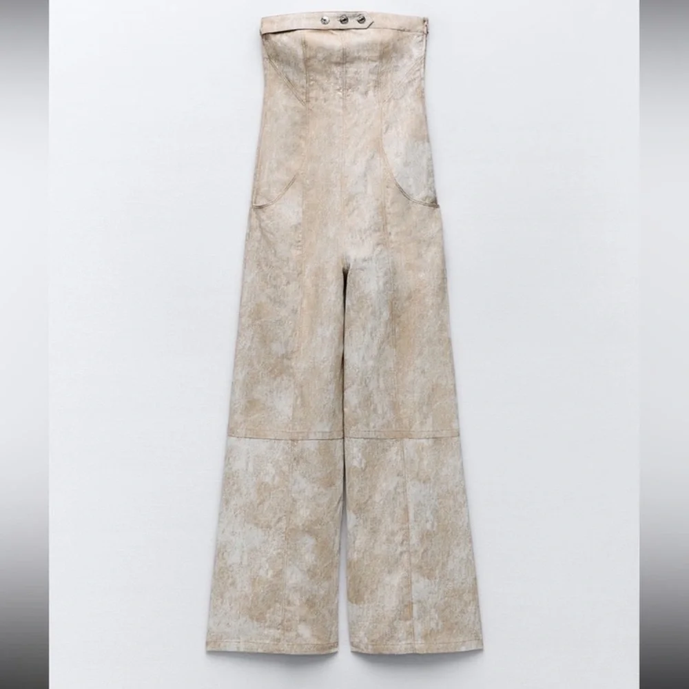 Zara Beige Printed Linen Blend Wide Leg Jumpsuit size small